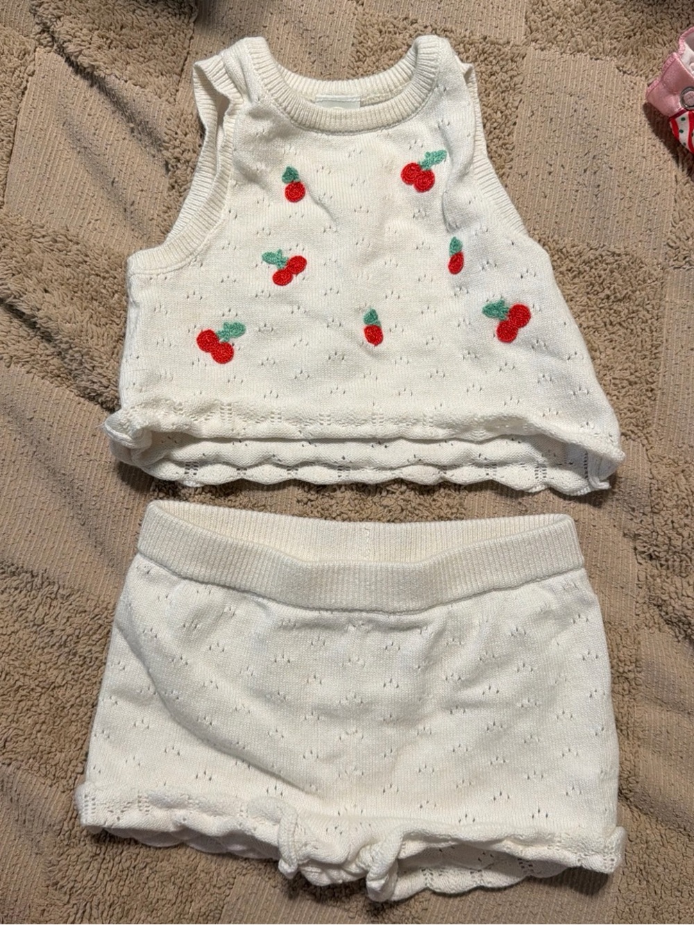 Little Me White Knit Cherry Tank & Shorts Set